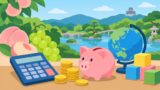 岡山県でインターナショナルスクール・プリスクールの学費を調べる保護者のイメージイラスト(岡山県らしい風景と学費比較を示す小物を組み合わせた抽象的な構図)